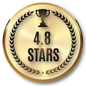 4.8 stars average reviews gold medallion bordered with laurels.